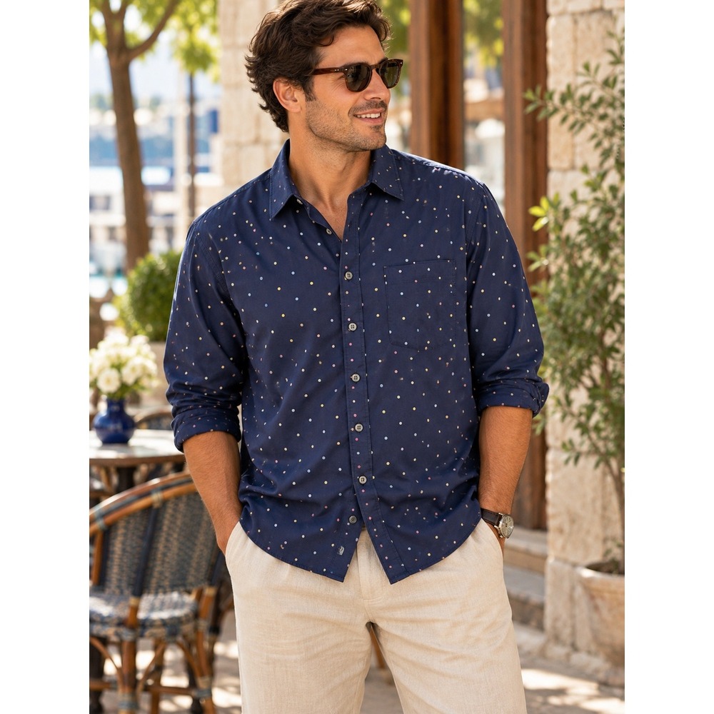 Gap Big Shirt Organic Cotton Mens Preppy Relaxed Navy Blue Polka Dot Button M